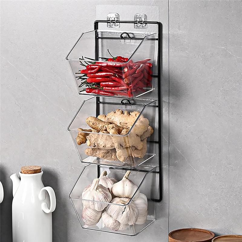 M-Modern-3 Compartments Wall Mounted Ginger Garlic Container Countertop Onion And Potato Storage Box With Metal Rack Durable Len