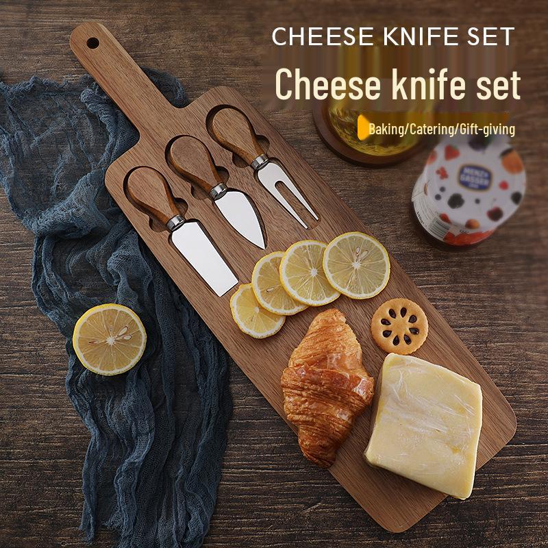 Acacia Wood Cheese Board Set with Stainless Steel Knives and Forks - Ideal for Snacks and Cutlery.
