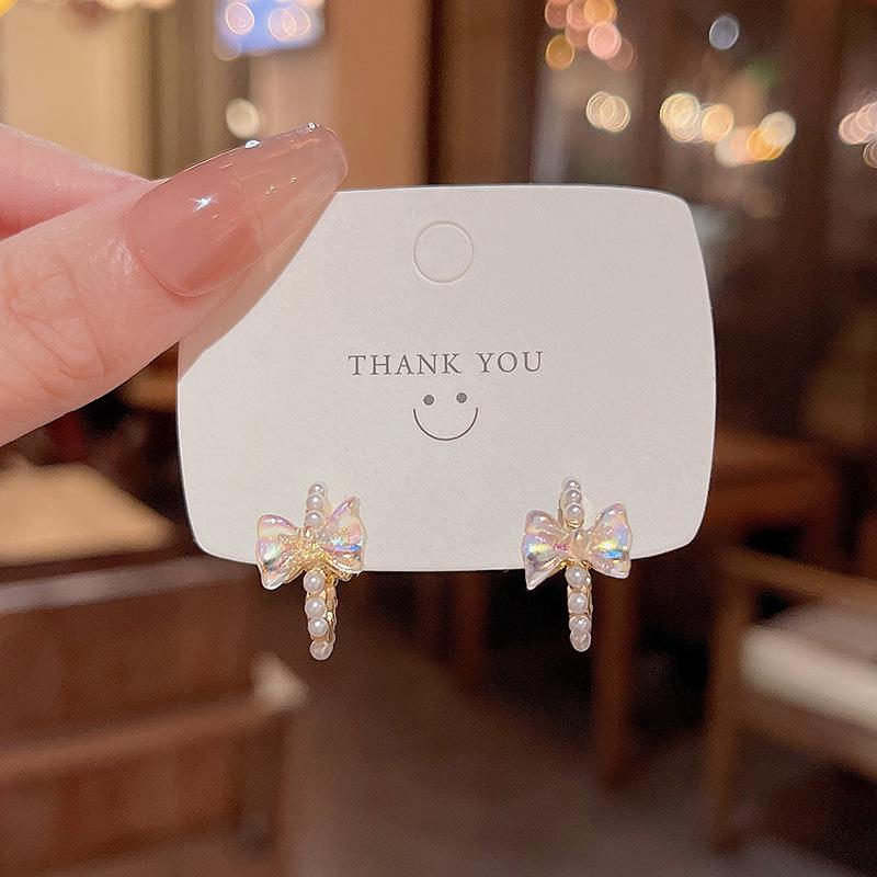 Серьги-бантики из серебра S925 с жемчугом - Модные C-образные роскошные для женщин