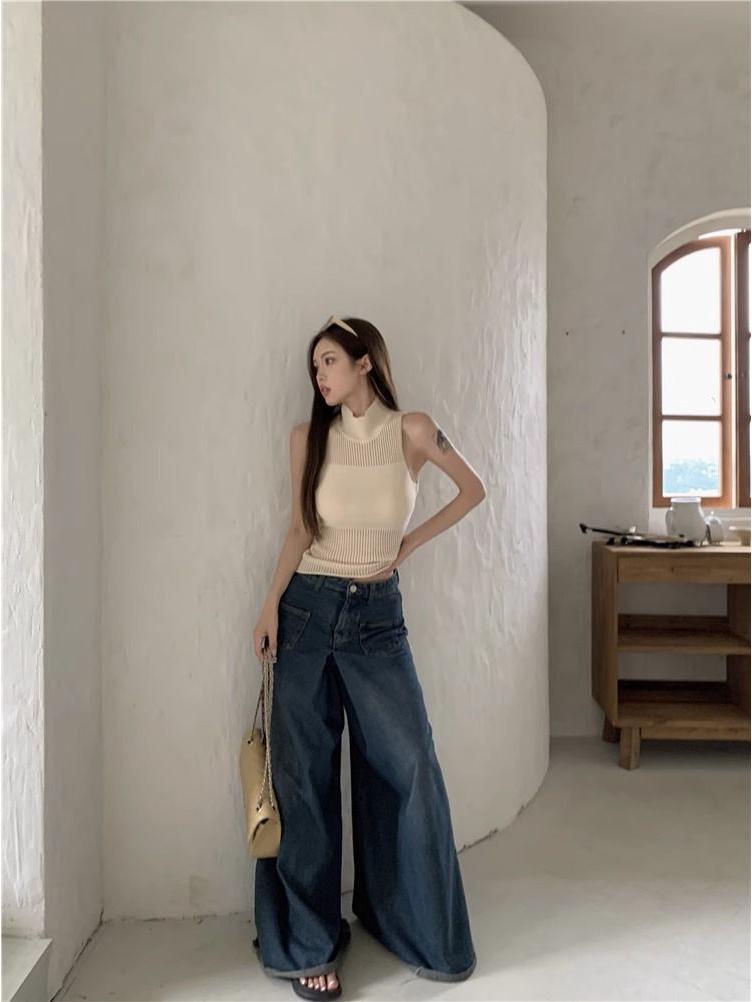 Летний пикантный топ-майка без рукавов с высоким воротом, вязаный кроп-топ - Женский французский ажурный короткий верхний слой