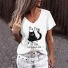 European and American Women's V-neck T-shirt Personalized Cartoon Cat Pattern 3D Printed Short Sleeve Fashion Trend Top