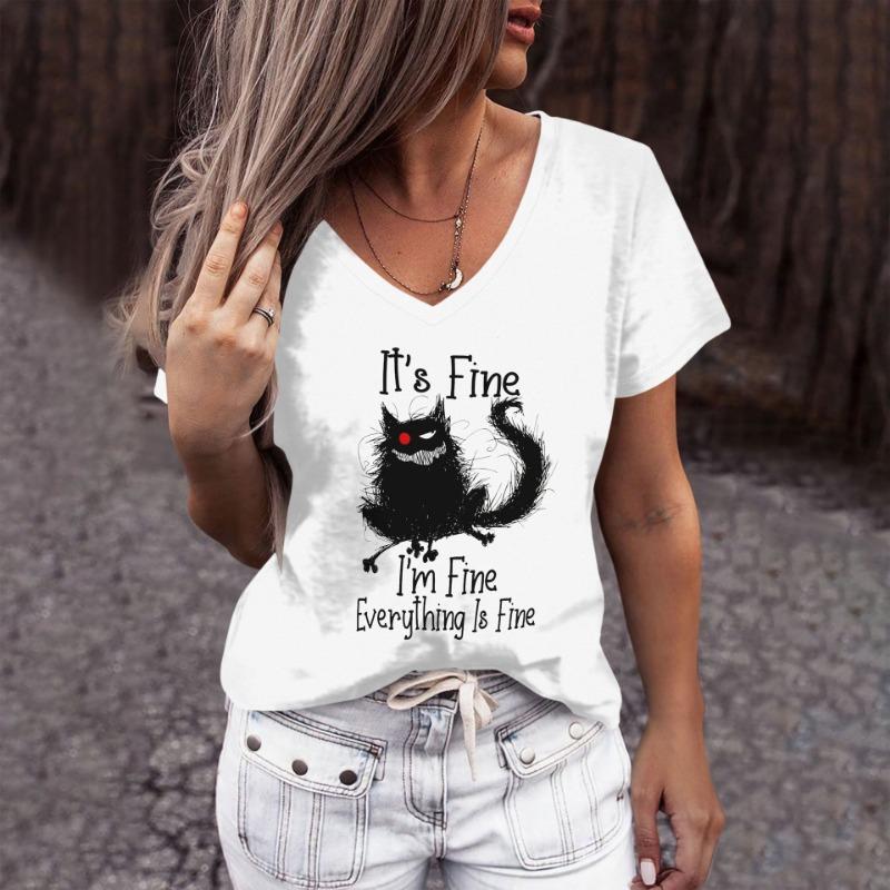 European and American Women's V-neck T-shirt Personalized Cartoon Cat Pattern 3D Printed Short Sleeve Fashion Trend Top