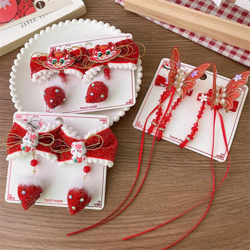 Детские новогодние заколки для волос в китайском стиле, милые плюшевые банты, кисточки, украшения, заколки, шпильки, аксессуары для волос в стиле ханьфу для девочек