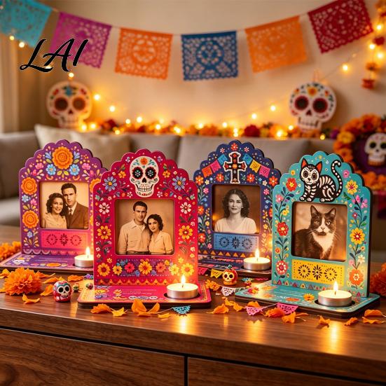 Photo Frames with Candle Holders Day of The Dead Frame Integrated Holder Decorative Mexican Cat Theme Holiday Ornaments Sugar Skull Picture