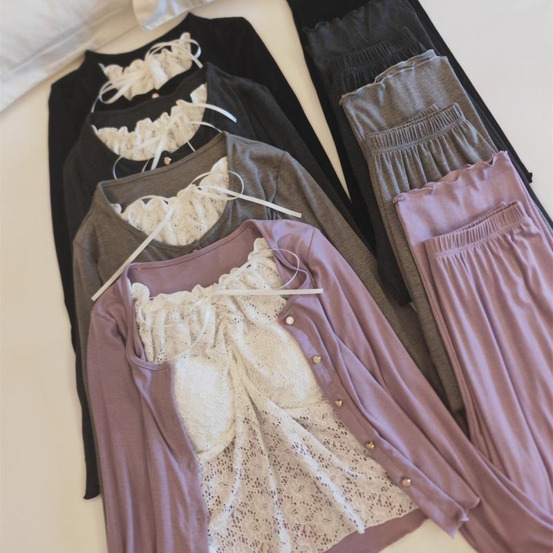 Женский пижамный комплект Chunqiu из модального вискозного волокна с кружевом и нагрудными вкладышами - с длинным рукавом и брюками