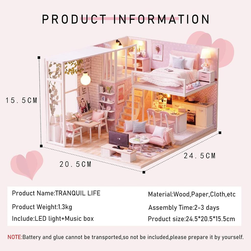 CUTRROOM DIY Миниатюрный деревянный кукольный домик ручной работы Мини-домик с мебелью Масштаб Творческий с музыкой Пылезащитный чехол и комплект светодиодной подсветки, - 124