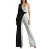 Women Jumpsuit One Shoulder One Sleeve Suit Coat Dress Patchworl Shiny Sequin Asymmetric Color Matching Wide Leg Tight Waist Prom Party Jumpsuit