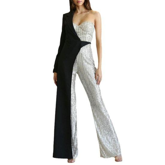 Women Jumpsuit One Shoulder One Sleeve Suit Coat Dress Patchworl Shiny Sequin Asymmetric Color Matching Wide Leg Tight Waist Prom Party Jumpsuit