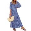 Lady Fall Dress Bubble Sleeves V Neck Printing A-line Loose Ankle Length Patchwork Bohemian Beach Maxi