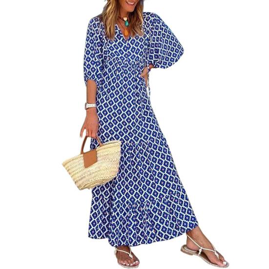 Lady Fall Dress Bubble Sleeves V Neck Printing A-line Loose Ankle Length Patchwork Bohemian Beach Maxi