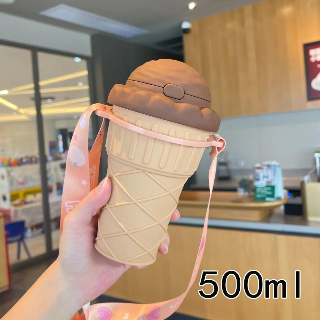 500ml Drink Bottle with Straw Ice Cream Shape Drinking Water Bottle Leakproof with Adjustable Strap Cute Water Bottles for Girls
