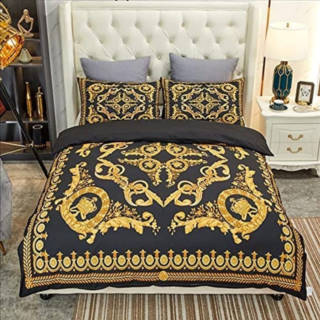 Baroque Bedding Set European Style Black Gold Luxurious Duvet Cover Pillowcases 100% Polyester Full Size Home Decor Bedding Set