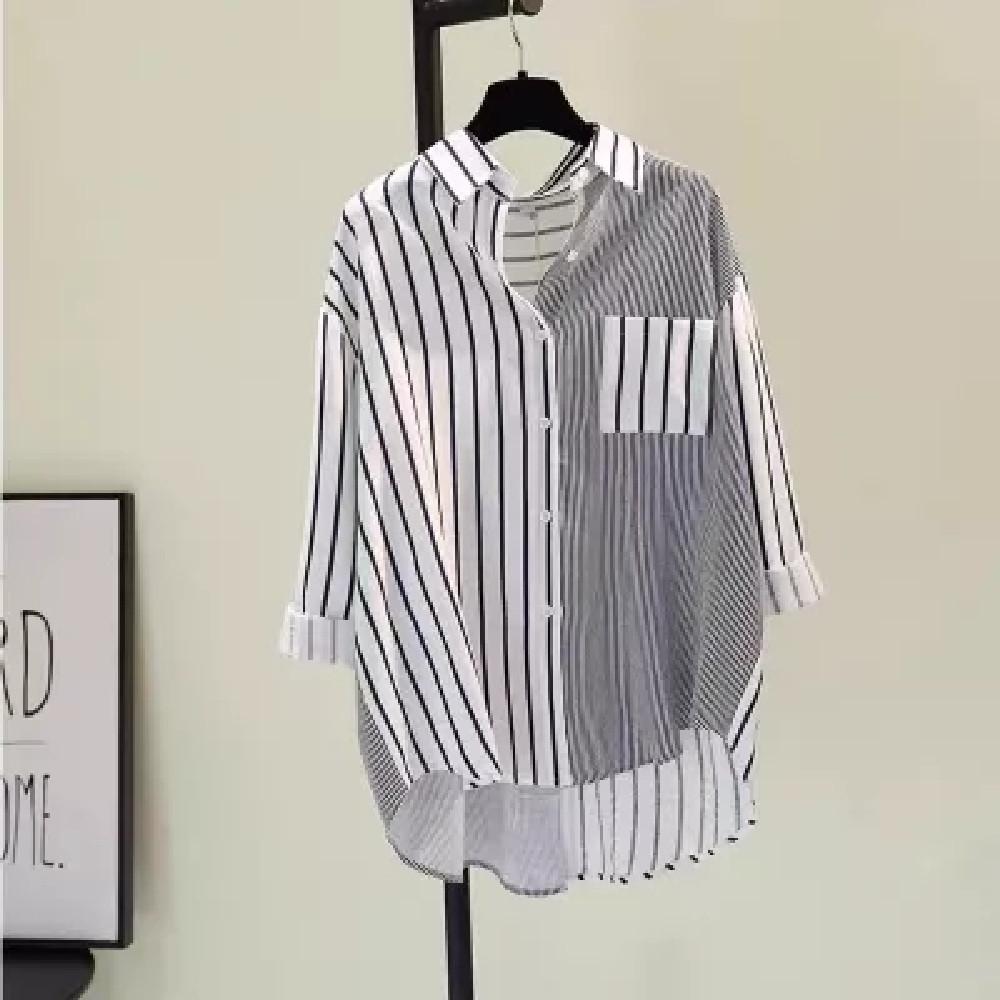 Single pocket color matching vertical striped shirt women's 1116 spring new Han Fan literary loose casual shirt top tide