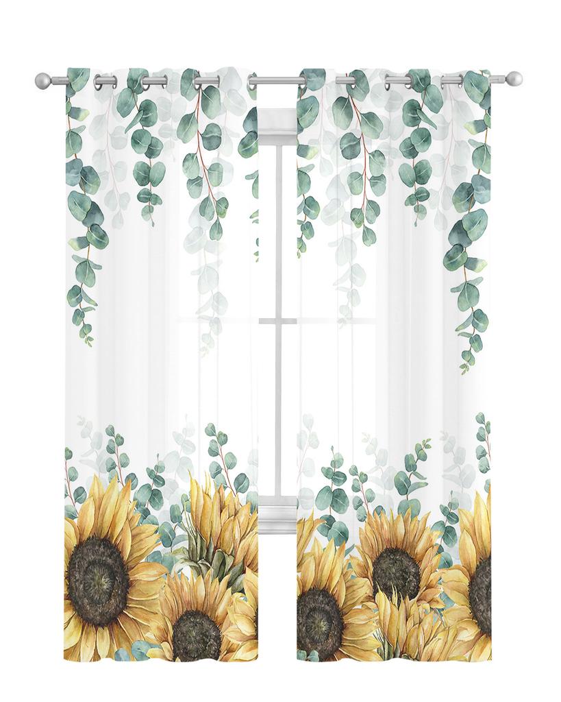 Eucalyptus Leaves Sunflower Flower Sheer Curtains Home Window Decorations Voile Tulle Curtains For Living Room Bedroom Kitchen