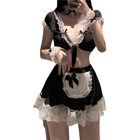 1 комплект, укороченный топ контрастного цвета со сборками, глубокий V-образный вырез, бант, рюши, косплей, стиль горничной