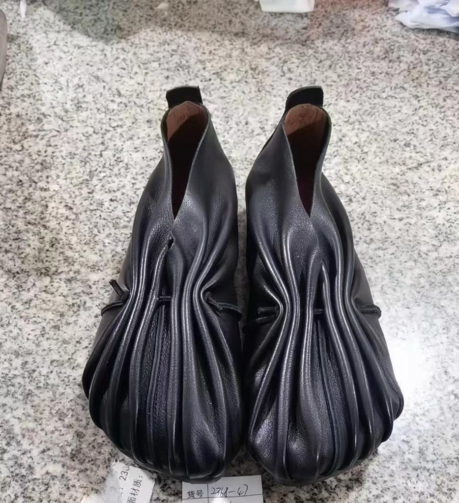 Johnature Ретро Плиссированные Балетки Ручной Работы из Натуральной Кожи с Круглым Носком на Мягкой Подошве Легкие Женские Слипоны