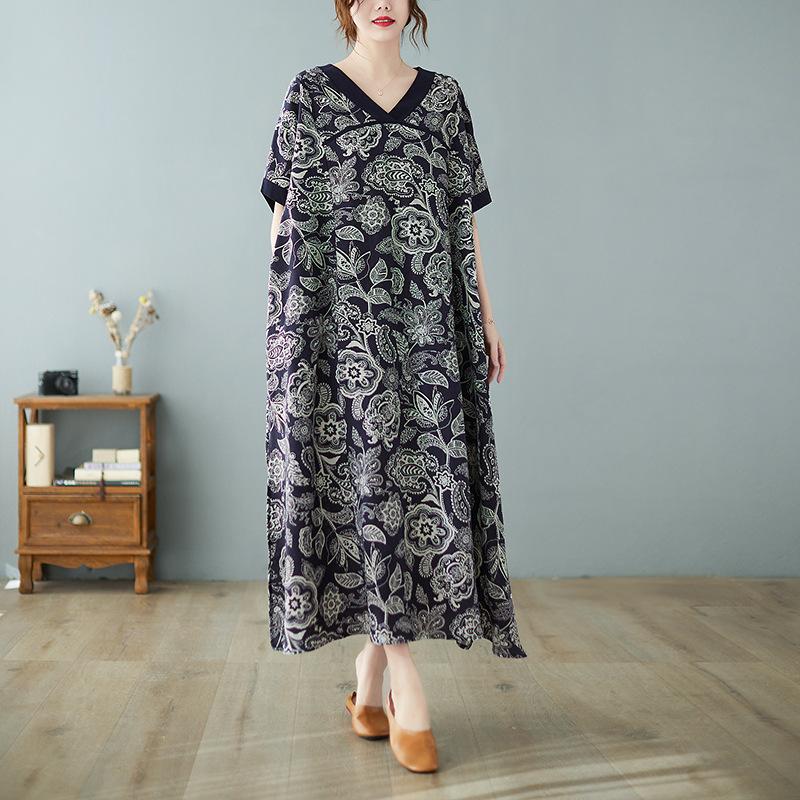 Летнее хлопковое льняное платье свободного покроя в стиле ретро с V-образным вырезом и короткими рукавами, утягивающее средней длины для женщин, платья