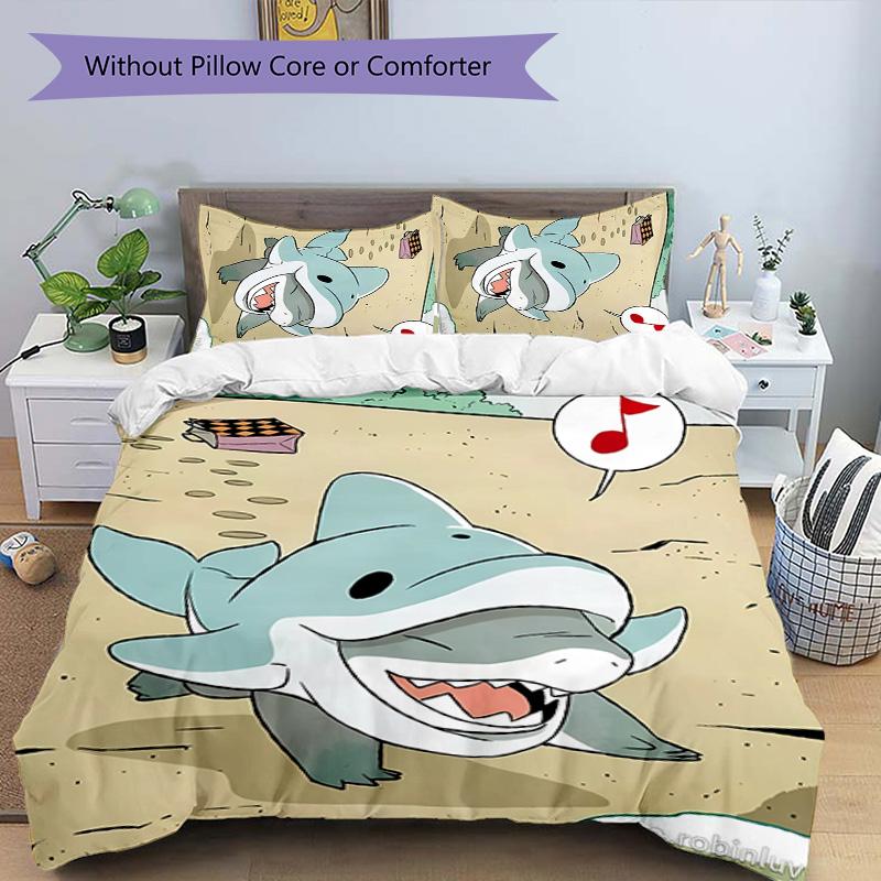 3pcs Jeff the Land Shark pattern bedding set duvet cover set includes duvet cover &pillowcases, perfect all season bedroom decoration & gift