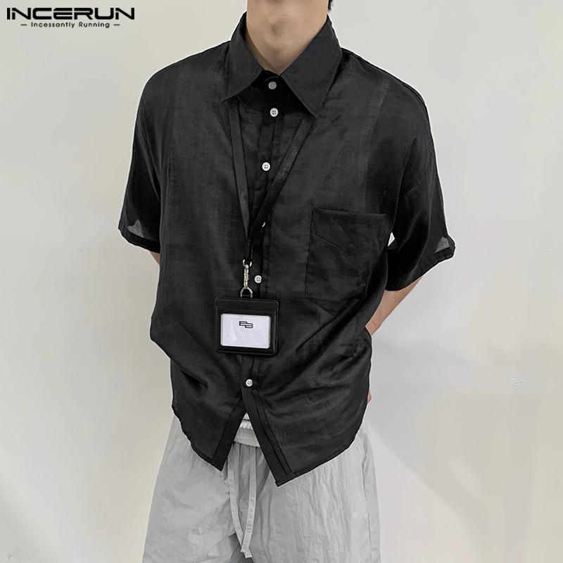 Men Oversized Sleeve Incerun Half Transparent Button Down Casual Loose Shirts