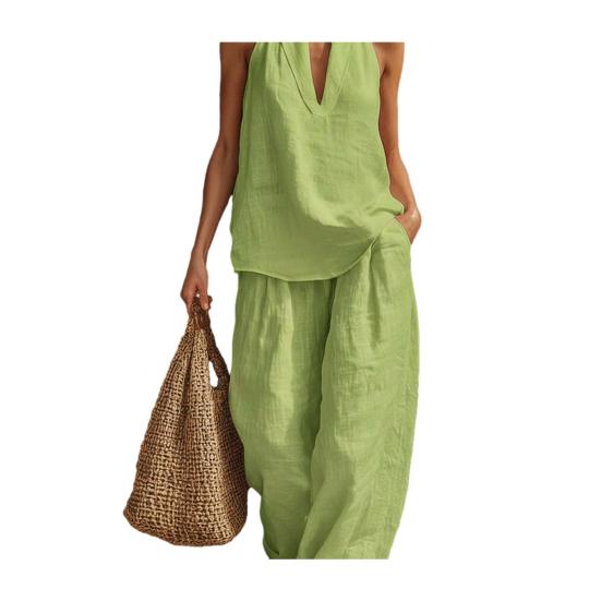 Женский комплект из 2 предметов: топ на бретельках без рукавов, брюки с высокой талией. Повседневный свободный комплект для дома и отдыха, летний