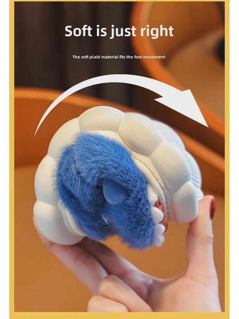 Детские зимние хлопковые тапочки с меховыми пятками - нескользящая домашняя обувь с героями мультфильмов для мальчиков и девочек