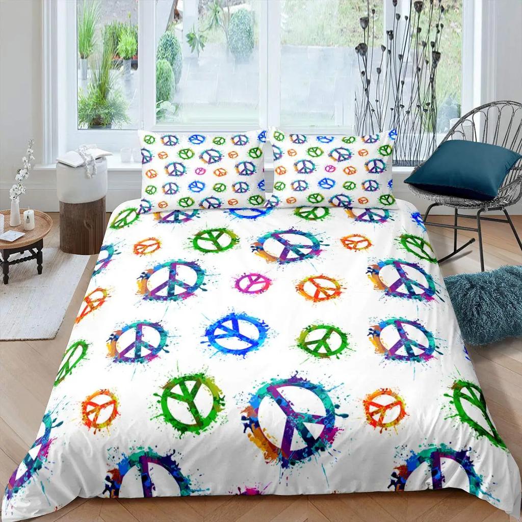 Boho Hippie Psychedelic Flowers Duvet Cover Colorful Peace Sign Bedding for Boys Girls Women Bedroom Decorative Rainbow Tie Dye