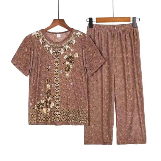 2 шт./компл. женский пижамный комплект среднего возраста с круглым вырезом и вышивкой, с коротким рукавом, большие размеры, эластичная талия, плиссированные