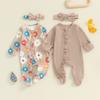 Citgeett Autumn Infant Baby Girls Outfit Long Sleeve Solid Flower Footies Jumpsuit Headband Fall Clothes