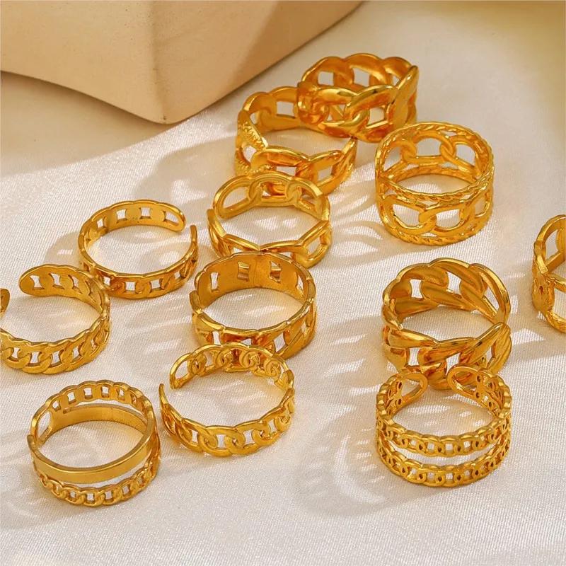 1Pcs Stainless Steel Geometric Chain Hollow Ring For Women Trendy Simple Personality Open Ring Waterproof Jewelry Accessories