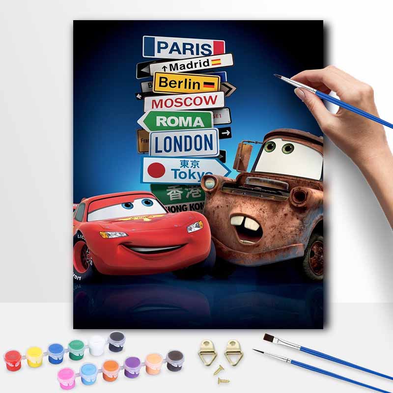 Disney Cars Lightning McQueen and Mater travel world sign oil painting art set handmade diy gift home decoration