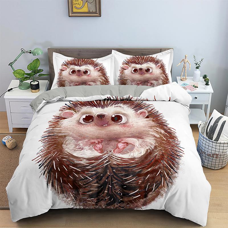 Hedgehog Bedding Set Cute Kawaii Wildlife Comforter Cover With Pillowcases For Kids Boys Girl Polyester Bedding Set King Size