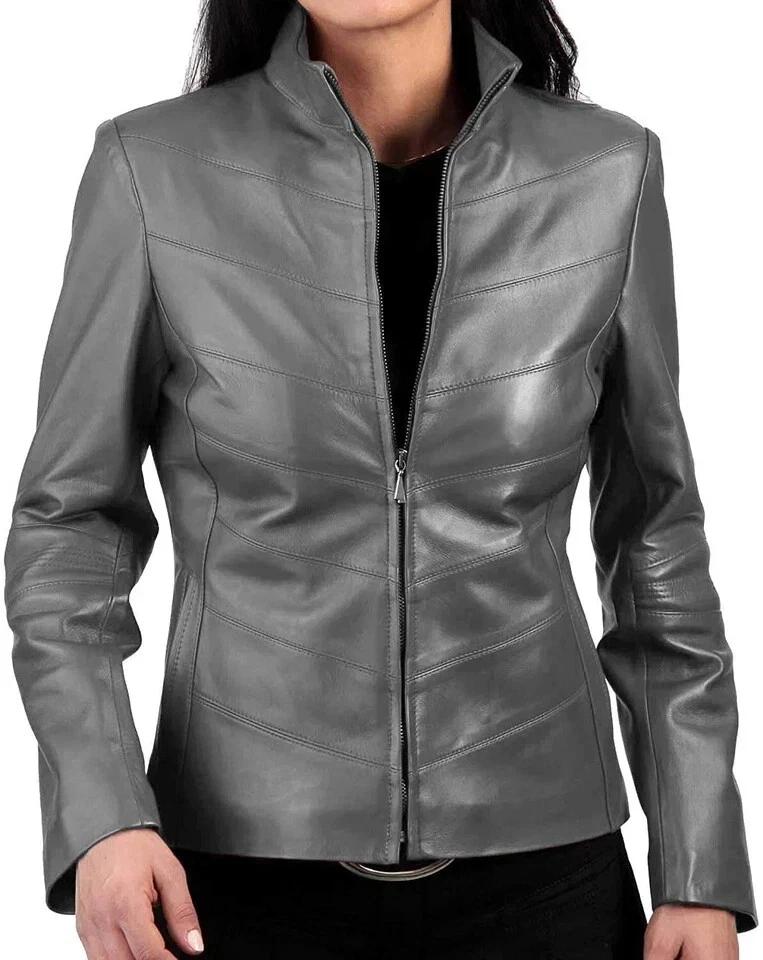 Women's Jacket Gray Causal Handmade Leather Lambskin Stylish Casual Biker Soft