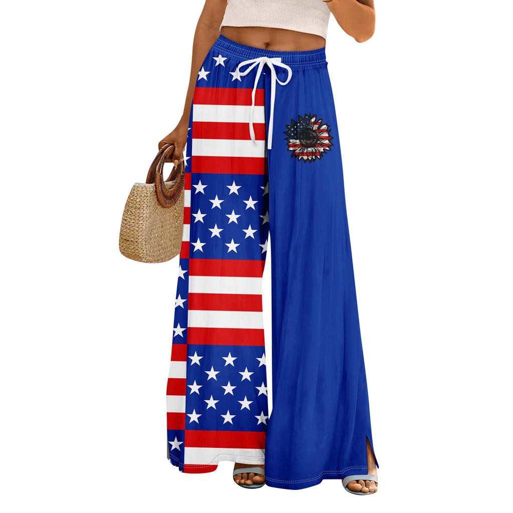 Women Summer Boho Palazzo Pants High Waist Wide Leg Independence Printing Casual Trousers With Pockets