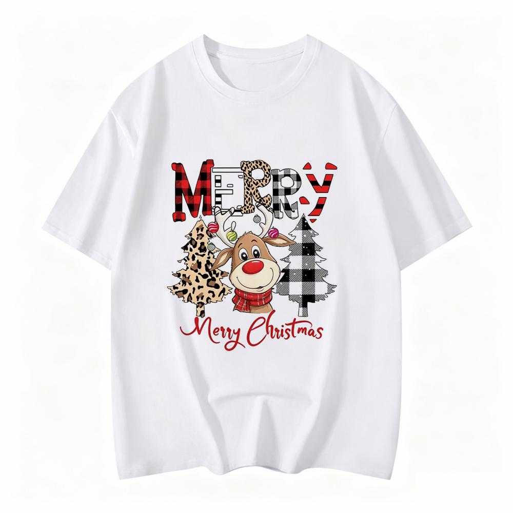 Cute Reindeer Leopard Print Unisex Christmas T Shirt Casual Cartoon Christmas Tree Graphic Short Sleeve Female Tshirt