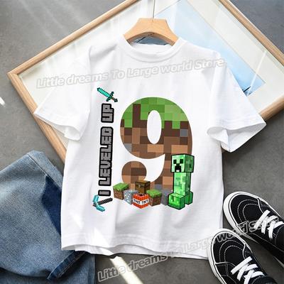 Майка с номером на день рождения Miner Crafting, праздничные принадлежности, подарок, мультяшная детская одежда, топы для мальчика, футболка, летние футболки с коротким рукавом