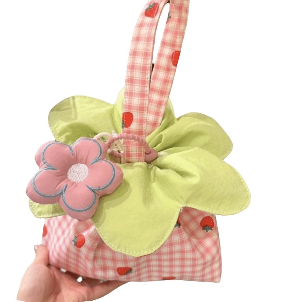 Large Capacity Plaid Print Handbag Bundle Pocket Strawberry Printed Storage Bag Student