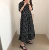 Women's Retro Floral Loose Slimming Black Crew Neck Short Sleeve Long Dress