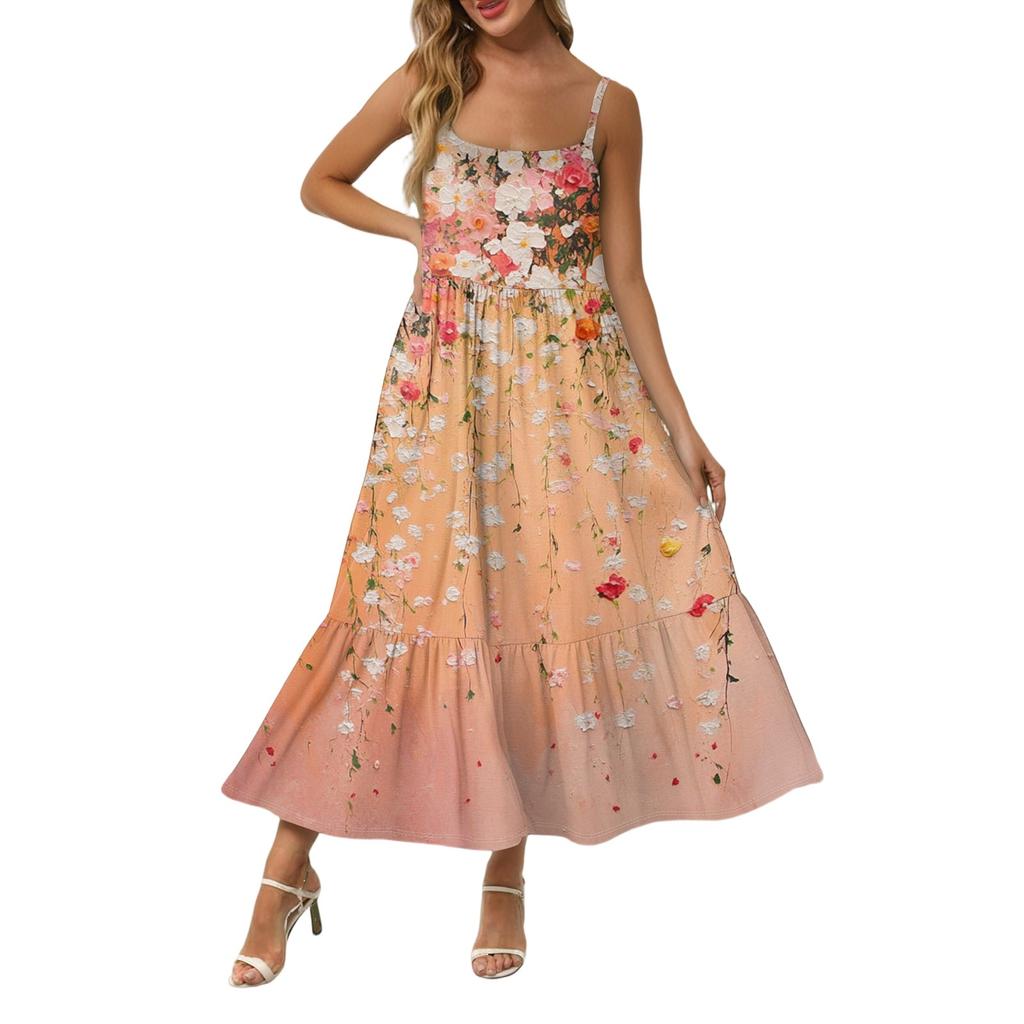 Women's Long Beach Casual Elegant Spaghetti Strap Maxi Dress Stitching Low-key Flowing Bohemian Dress