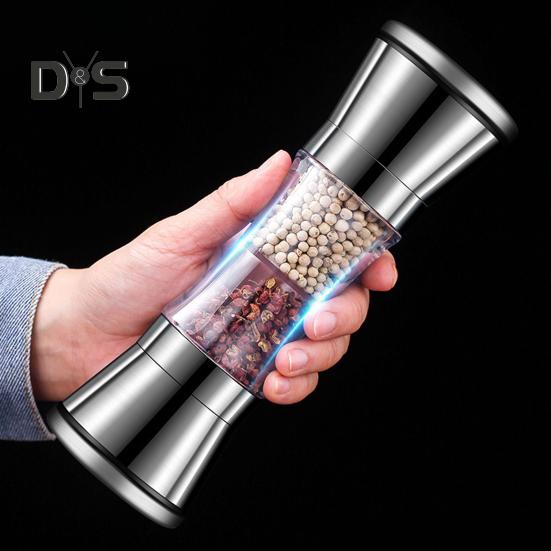 Измельчитель соли из нержавеющей стали. Регулируемая степень грубости. Легко чистится. Двойная головка. Измельчитель 2 в 1 для приправ.