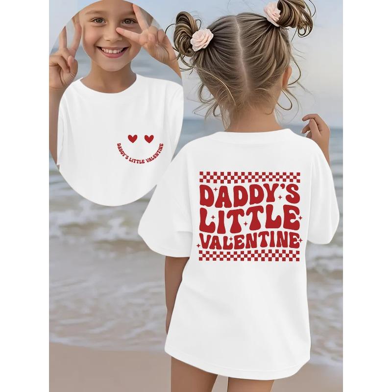 Европейские размеры Девочки Летняя Мода Футболка с коротким рукавом DADDYS LITTLE VALENTINE Клетчатый и Сердечно-глазый Мультяшный Принт Повседневная С круглым вырезом