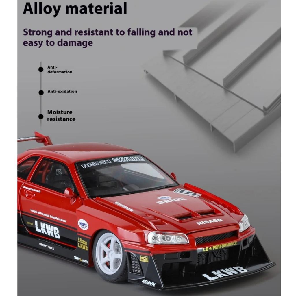 1/24 Scale Cool Nissan GTR Alloy Sports Car Model, Simulated Interior Details, Cool Lighting and Sound Effects, Four-wheel Shock Absorption
