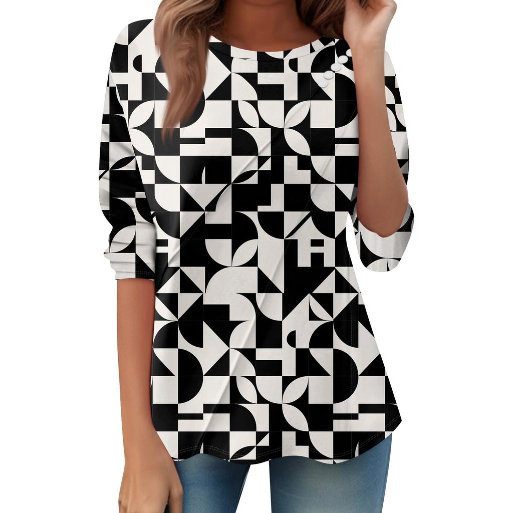 Women's Loose Casual Long Sleeve Top Round Neck Button Pull Stripe Prints T Shirt