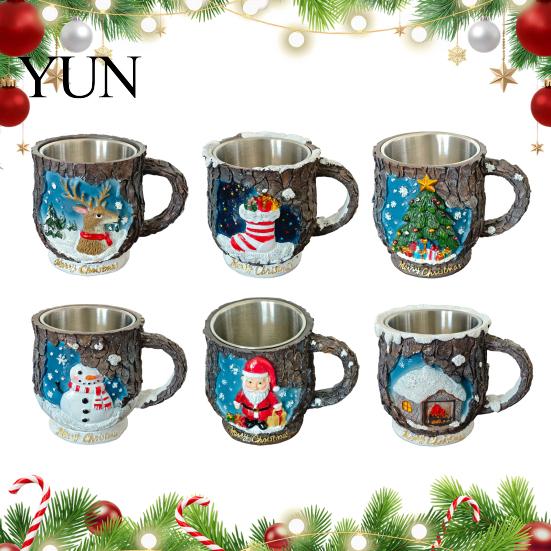 Christmas Party Supplies Theme Mug with Stainless Steel Liner, 3D Relief Hand Resin Coffee Cups Painted Cup, Decorative Drinkware for Holiday Festive