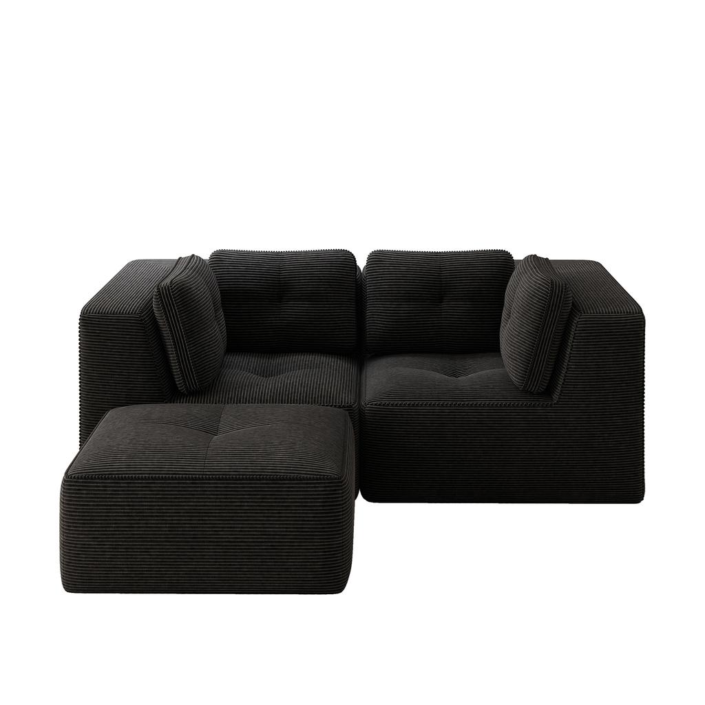 Modular corner sofa, two-seater, frameless L-shaped with movable footrest, corduroy fabric, suitable for living room and bedroom, black
