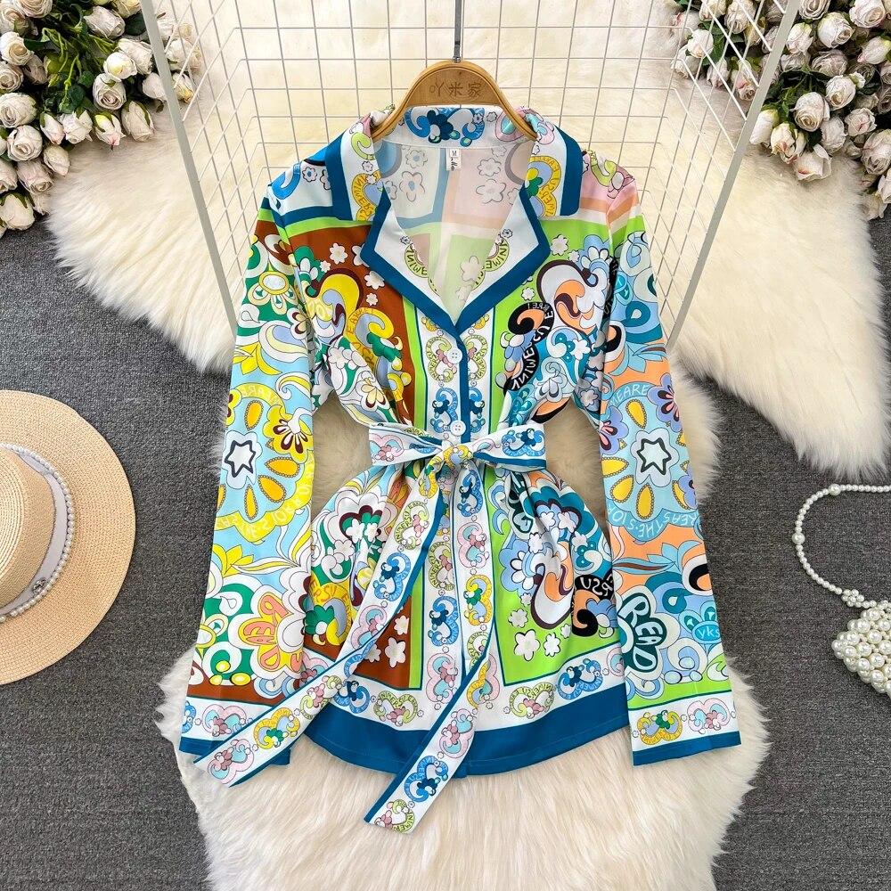 Runway Designer Vintage Pant Two Piece Set for Women Cyanotype Printed Blazer Shirt Trousers Suit
