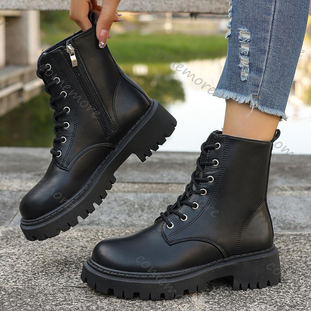 Fashion Comemore Shoes for Woman Bottom Lace-up Leather Ankle Boots Autumn Fashion Women Shoes Lace Up Leather Heeled Bottines Femmes
