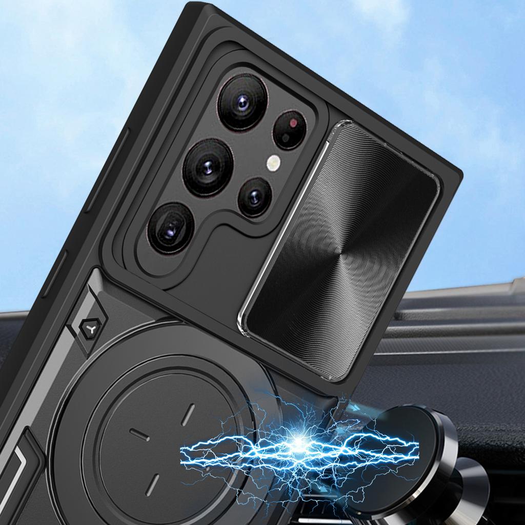 Для Samsung Galaxy S22 Ultra 5G Вращающаяся подставка Чехол для телефона Ударопрочная PC+TPU накладка со сдвижной крышкой камеры
