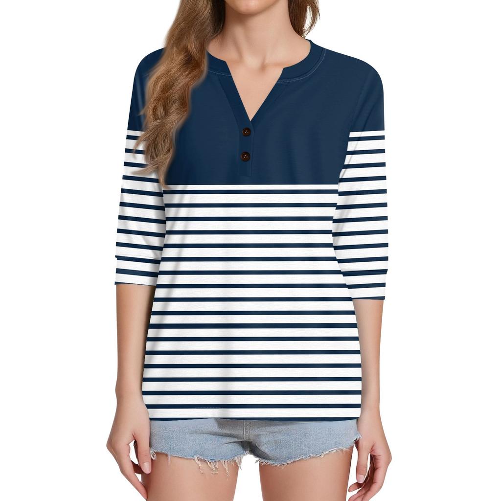 Women's T Shirt Print Button 3/4 Sleeve Daily Weekend Fashion Basic V- Neck Regular Top
