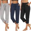 Women Capri Pants Drawstring Solid Color High Waist Loose 3/4 Trousers for Fitness