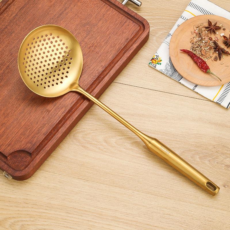 1Pc Golden Stainless Steel Long Handle Cooking Utensils Rice Spoon Soup Ladle Pancake Spatula Colander Gadgets for Kitchen
